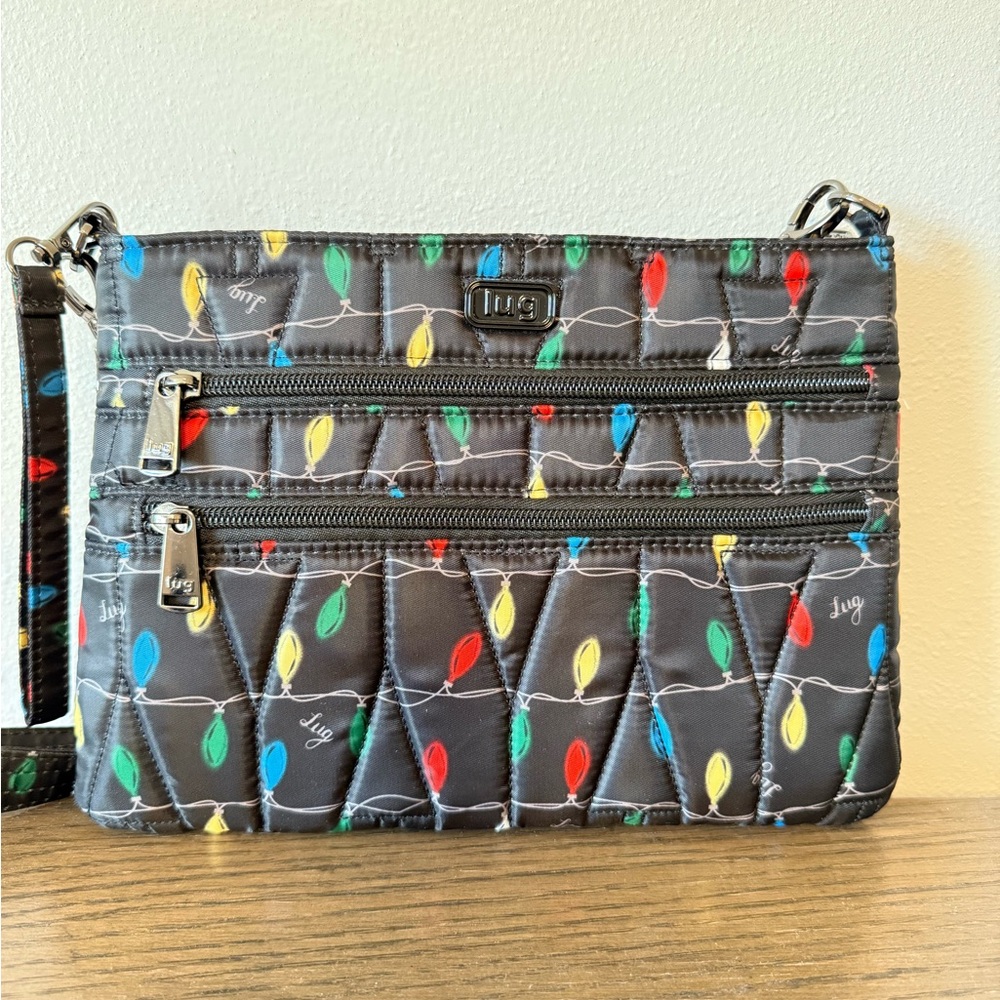 Lug Quilted Crossbody Bag in Black with Multicolor Christmas Lights Print